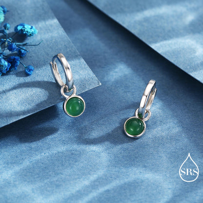 Sterling Silver Dangling Green Onyx Hoop Earrings, Detachable Green Onyx Coin Dangle Hoop Earrings, Silver or Gold, Interchangeable
