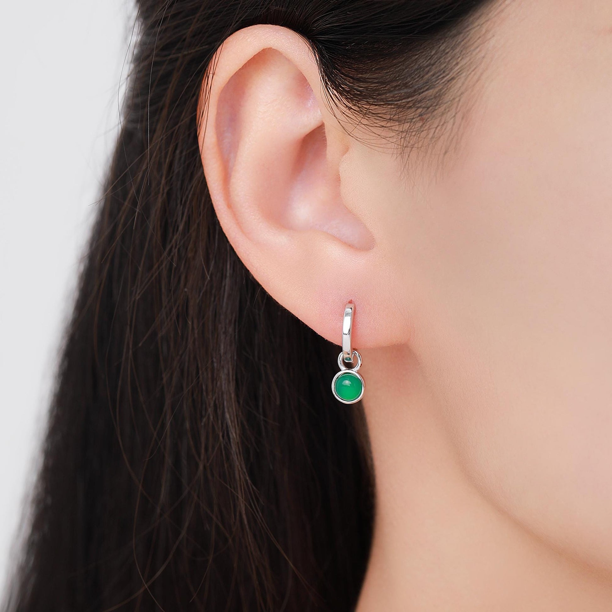 Sterling Silver Dangling Green Onyx Hoop Earrings, Detachable Green Onyx Coin Dangle Hoop Earrings, Silver or Gold, Interchangeable