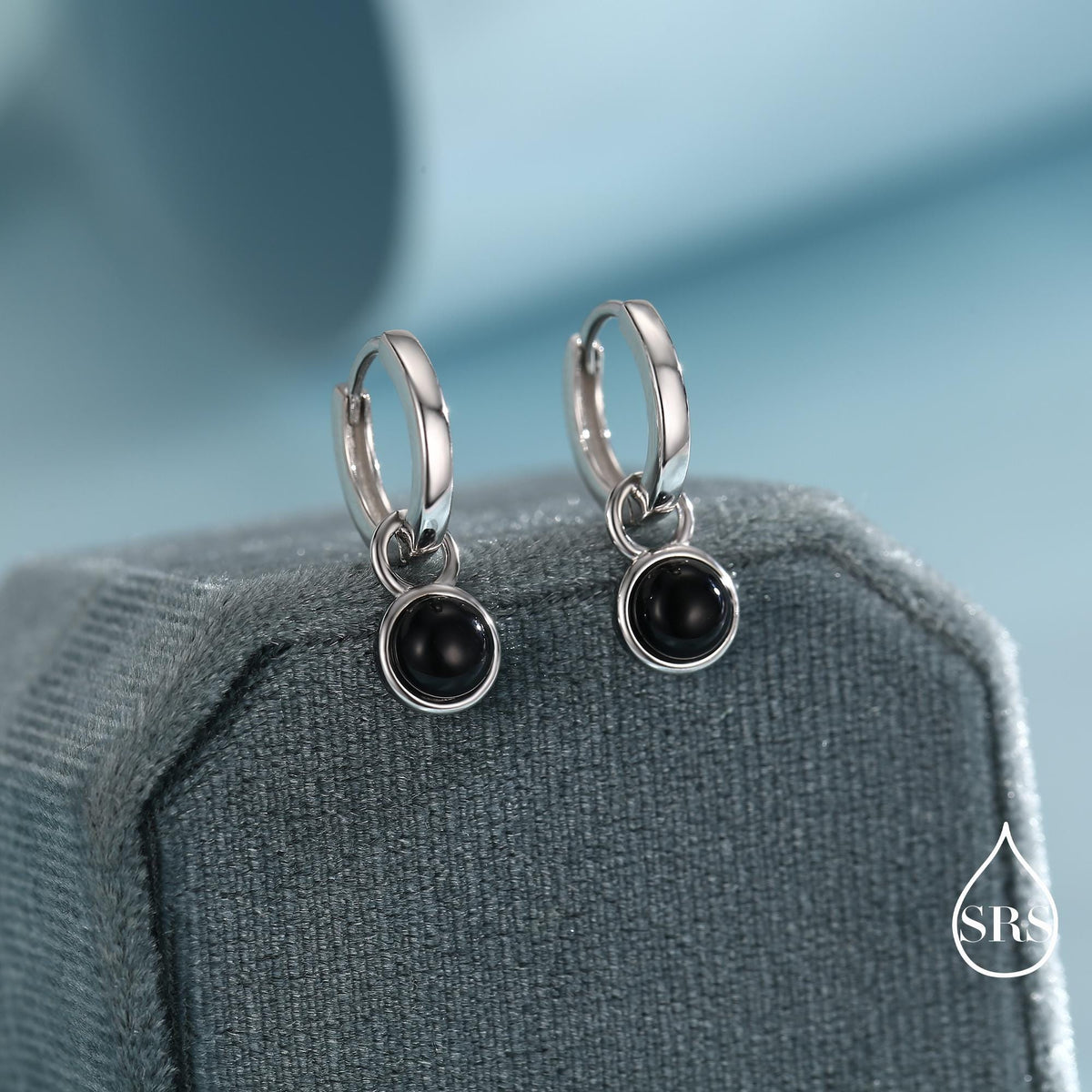Sterling Silver Dangling Black Onyx Hoop Earrings, Detachable Black Onyx Coin Dangle Hoop Earrings, Silver or Gold, Interchangeable