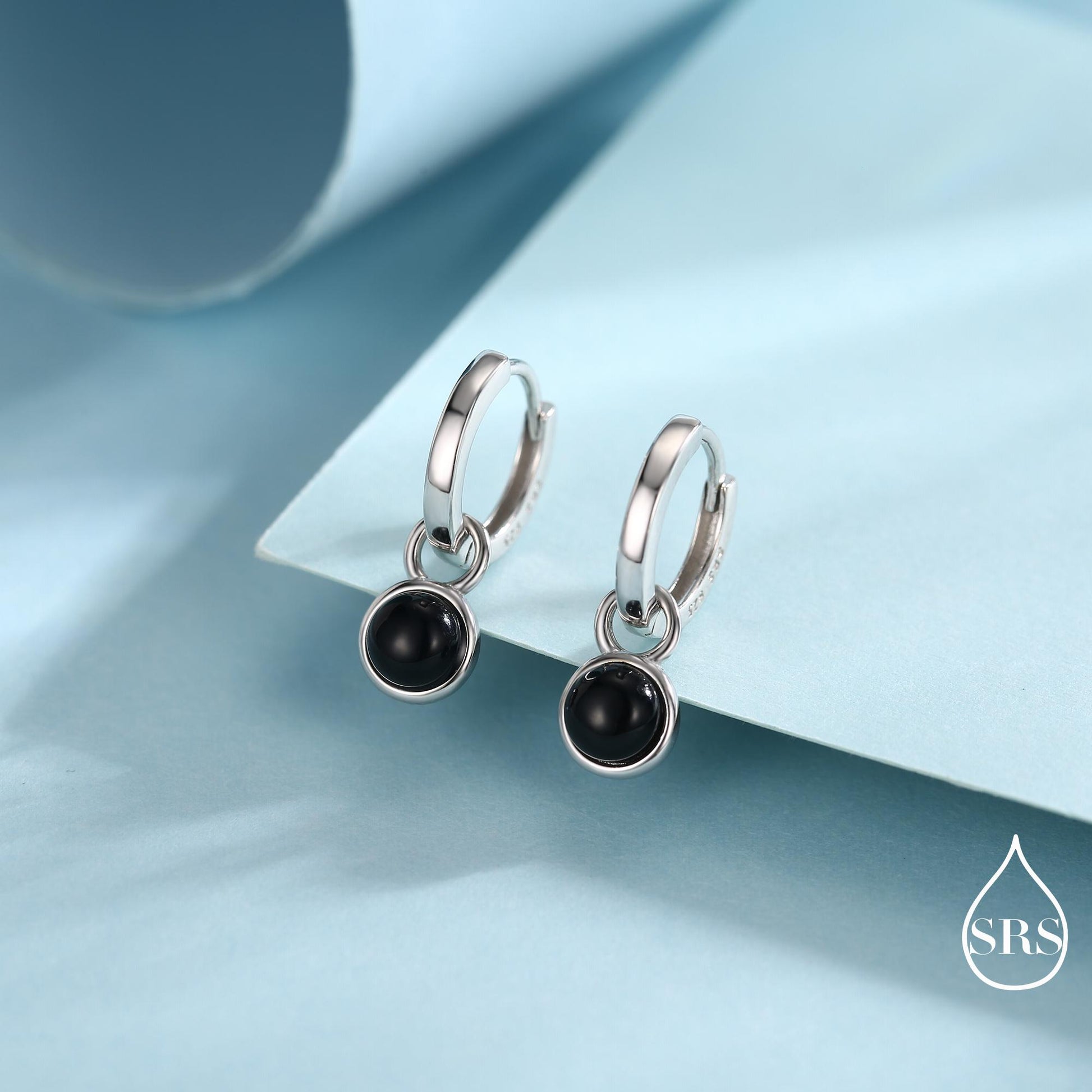 Sterling Silver Dangling Black Onyx Hoop Earrings, Detachable Black Onyx Coin Dangle Hoop Earrings, Silver or Gold, Interchangeable