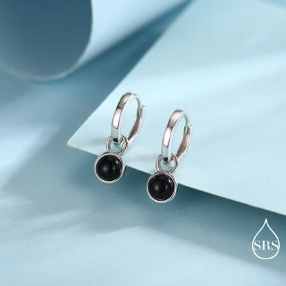 Sterling Silver Dangling Black Onyx Hoop Earrings, Detachable Black Onyx Coin Dangle Hoop Earrings, Silver or Gold, Interchangeable