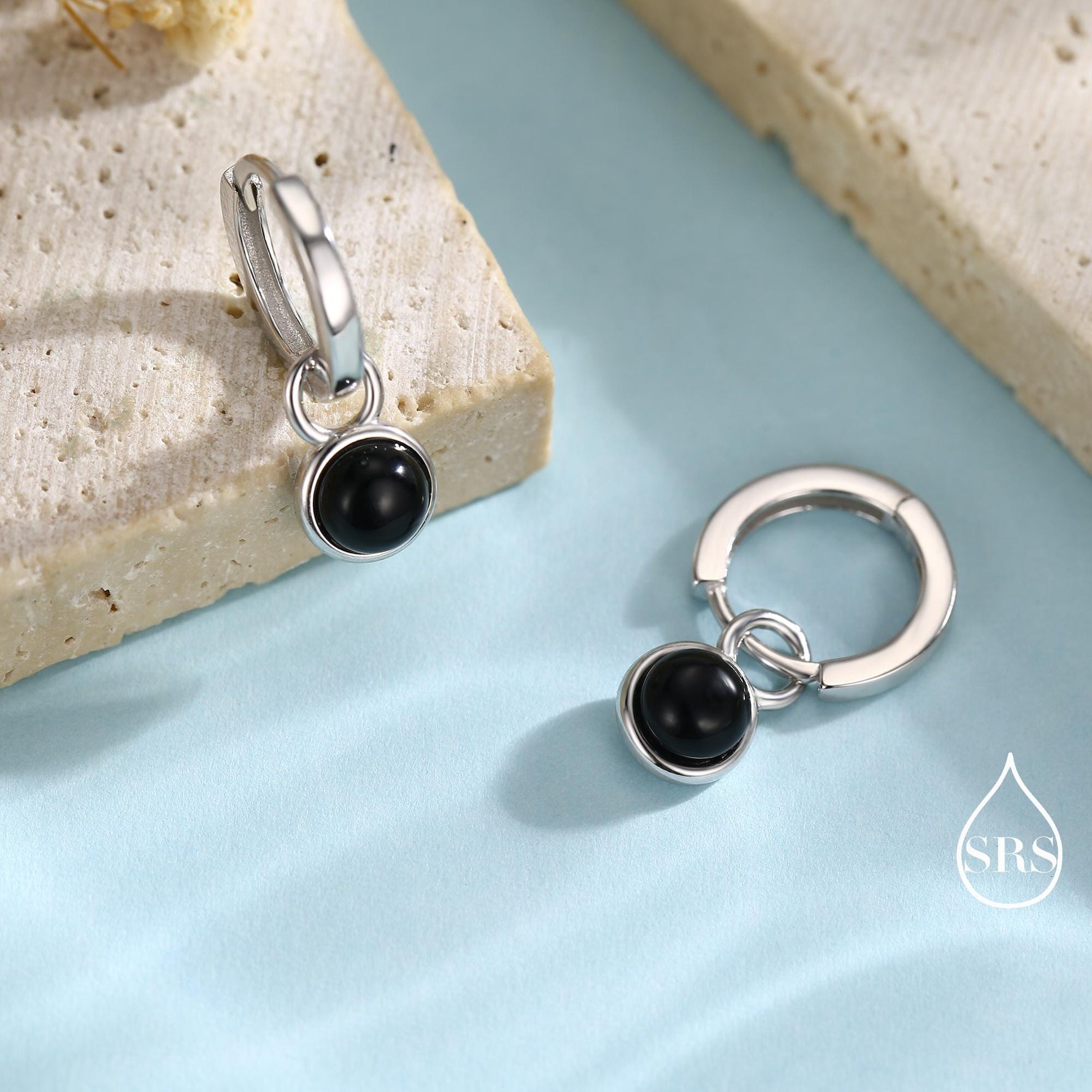 Sterling Silver Dangling Black Onyx Hoop Earrings, Detachable Black Onyx Coin Dangle Hoop Earrings, Silver or Gold, Interchangeable