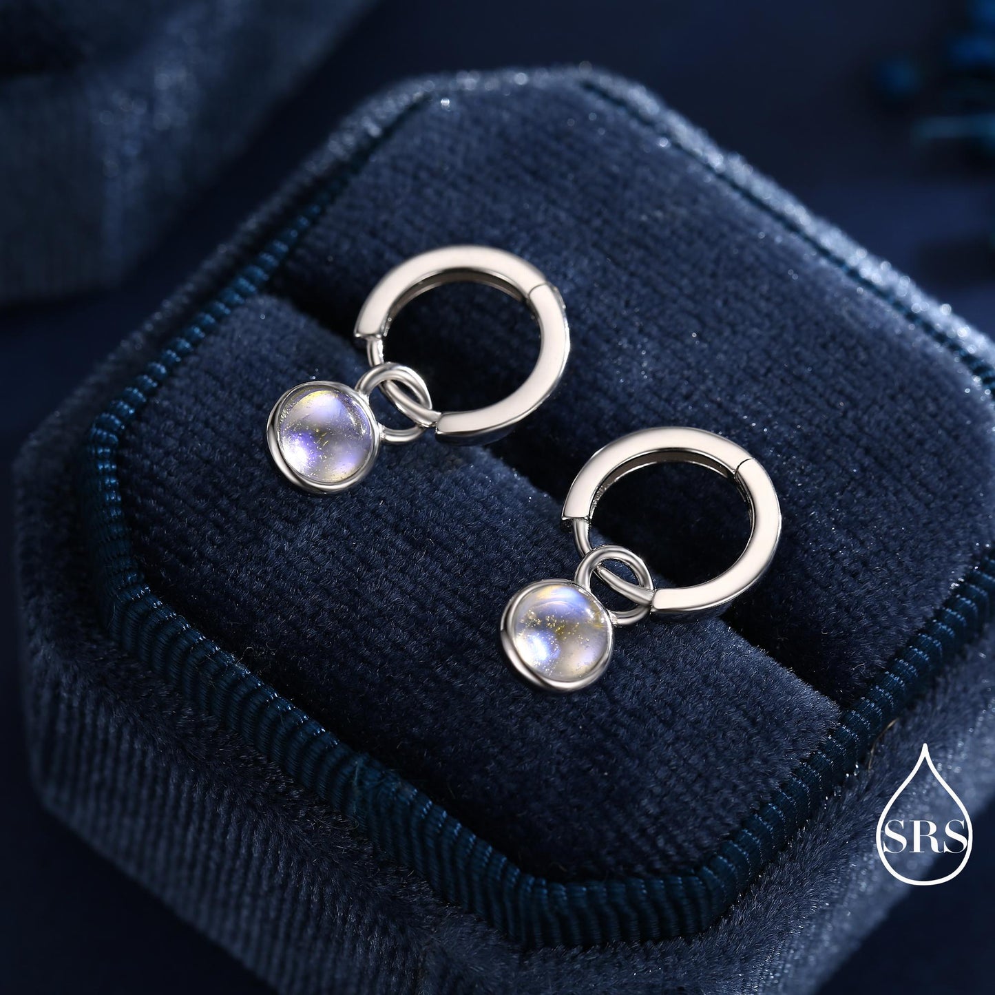 Dangle Moonstone Huggie Hoop in Sterling Silver, Simulated Moonstone, Minimalist Hoop Earrings, Detachable and Interchangeable