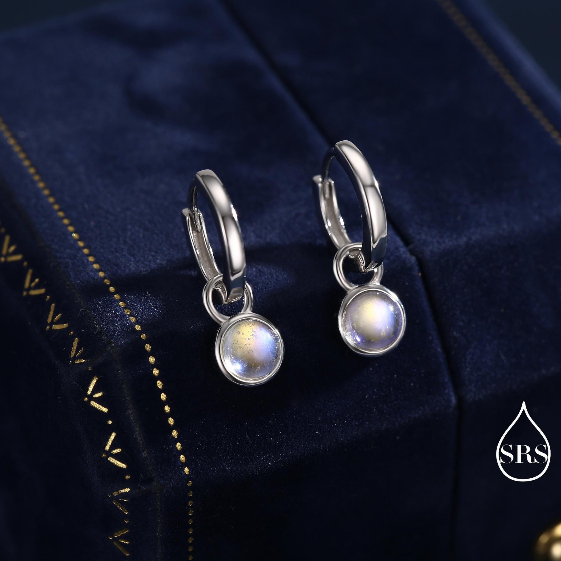 Dangle Moonstone Huggie Hoop in Sterling Silver, Simulated Moonstone, Minimalist Hoop Earrings, Detachable and Interchangeable