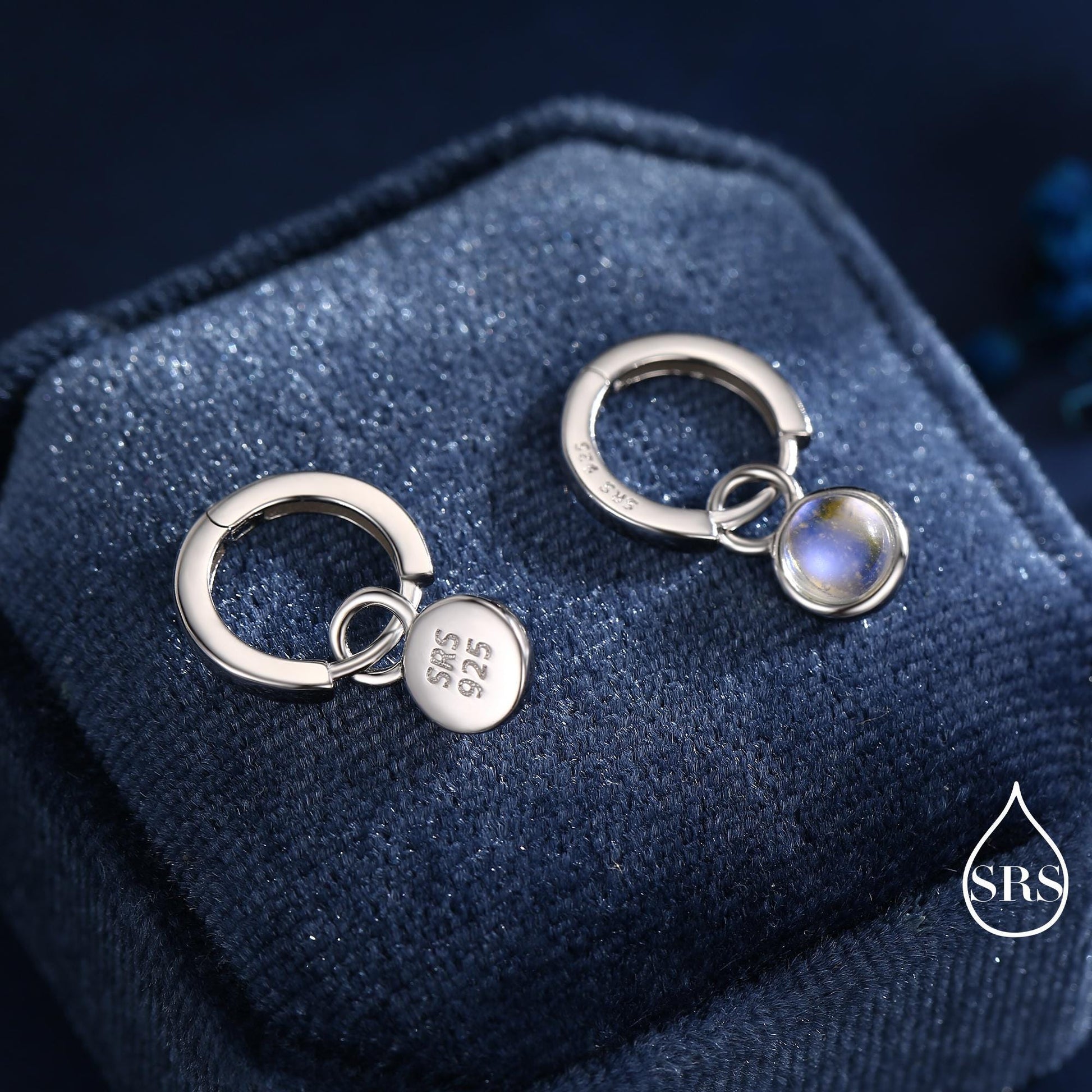 Dangle Moonstone Huggie Hoop in Sterling Silver, Simulated Moonstone, Minimalist Hoop Earrings, Detachable and Interchangeable