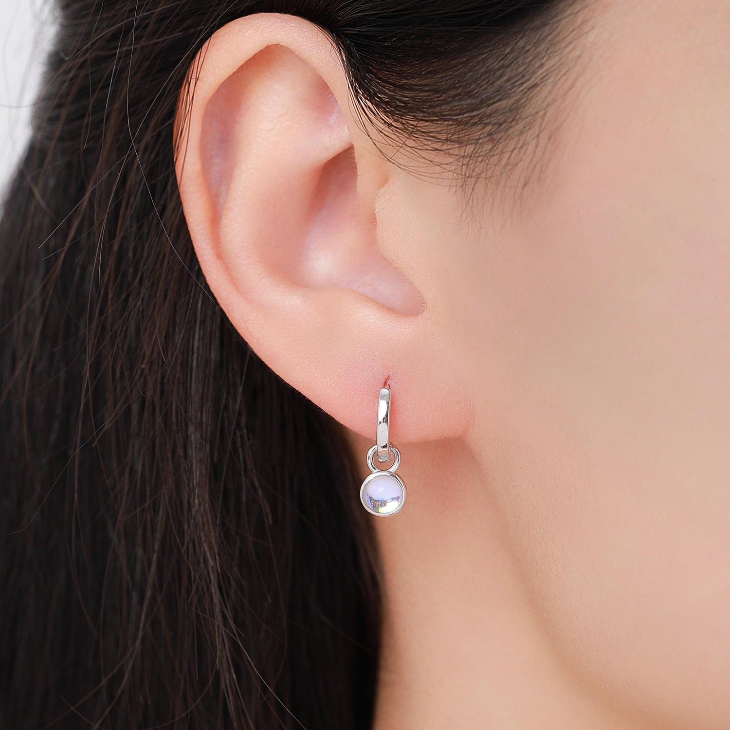 Dangle Moonstone Huggie Hoop in Sterling Silver, Simulated Moonstone, Minimalist Hoop Earrings, Detachable and Interchangeable