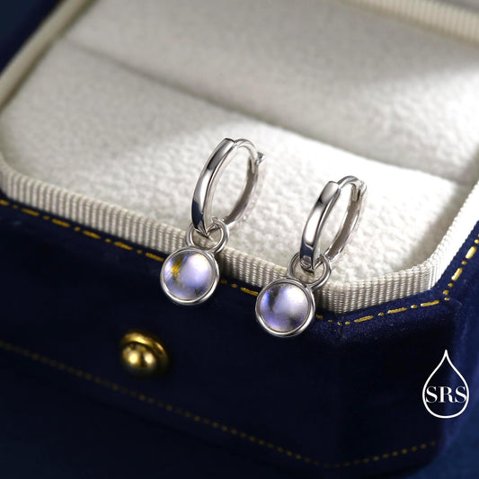 Dangle Moonstone Huggie Hoop in Sterling Silver, Simulated Moonstone, Minimalist Hoop Earrings, Detachable and Interchangeable