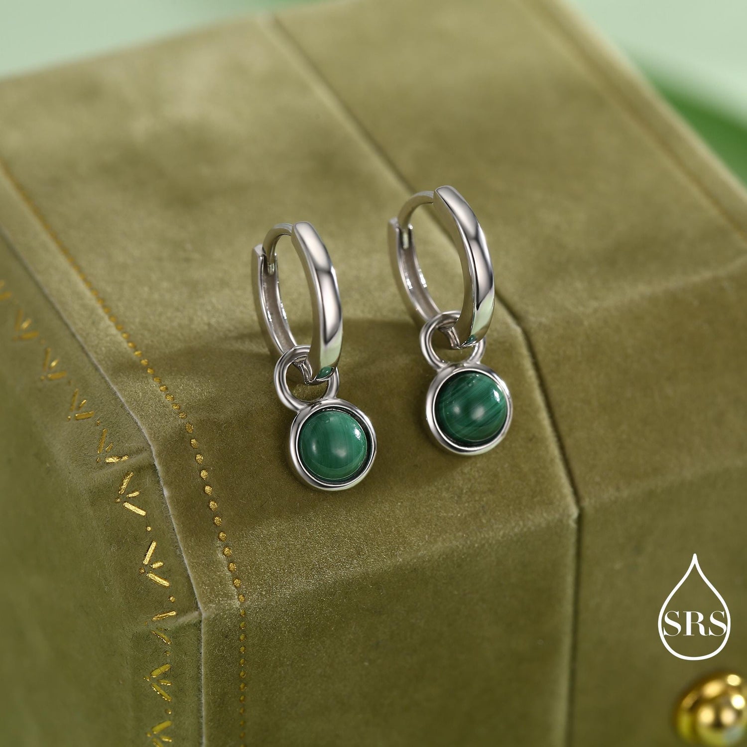 Sterling Silver Dangling Malachite Hoop Earrings, Detachable Green Malachite Coin Dangle Hoop Earrings, Silver or Gold, Interchangeable