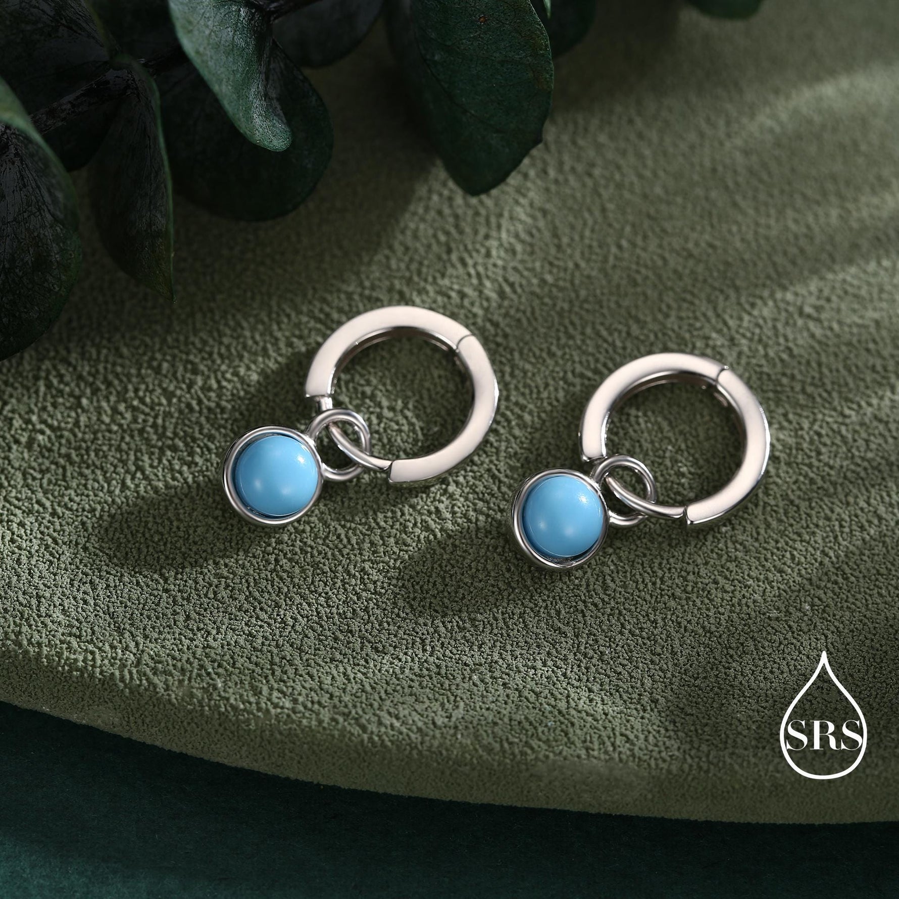 Sterling Silver Dangling Blue Turquoise Hoop Earrings, Detachable Turquoise Coin Dangle Hoop Earrings, Silver or Gold, Interchangeable