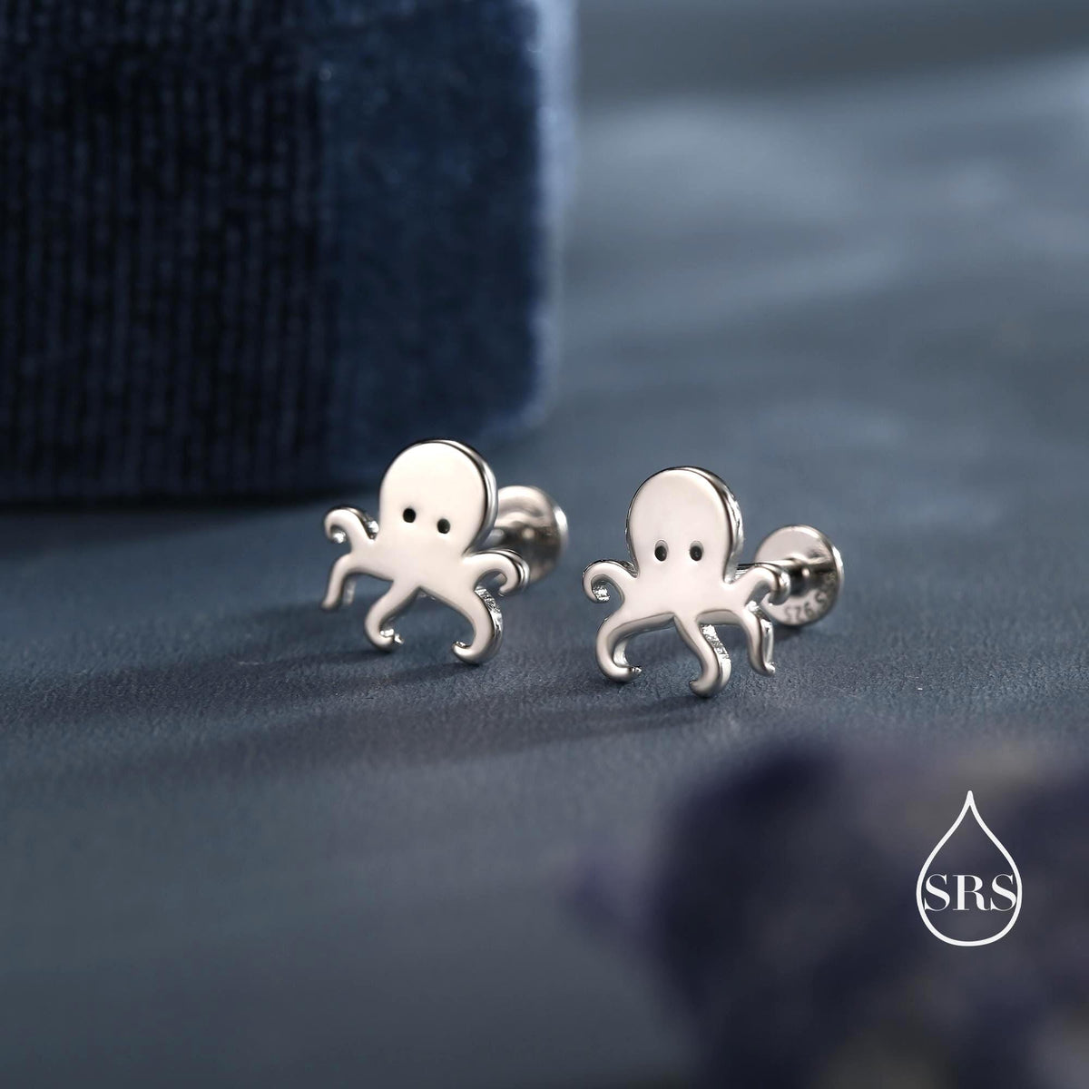 Tiny Octopus 16G Internally Threaded Flat Back Earrings in Sterling Silver, Animal Earrings