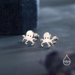 Tiny Octopus 16G Internally Threaded Flat Back Earrings in Sterling Silver, Animal Earrings