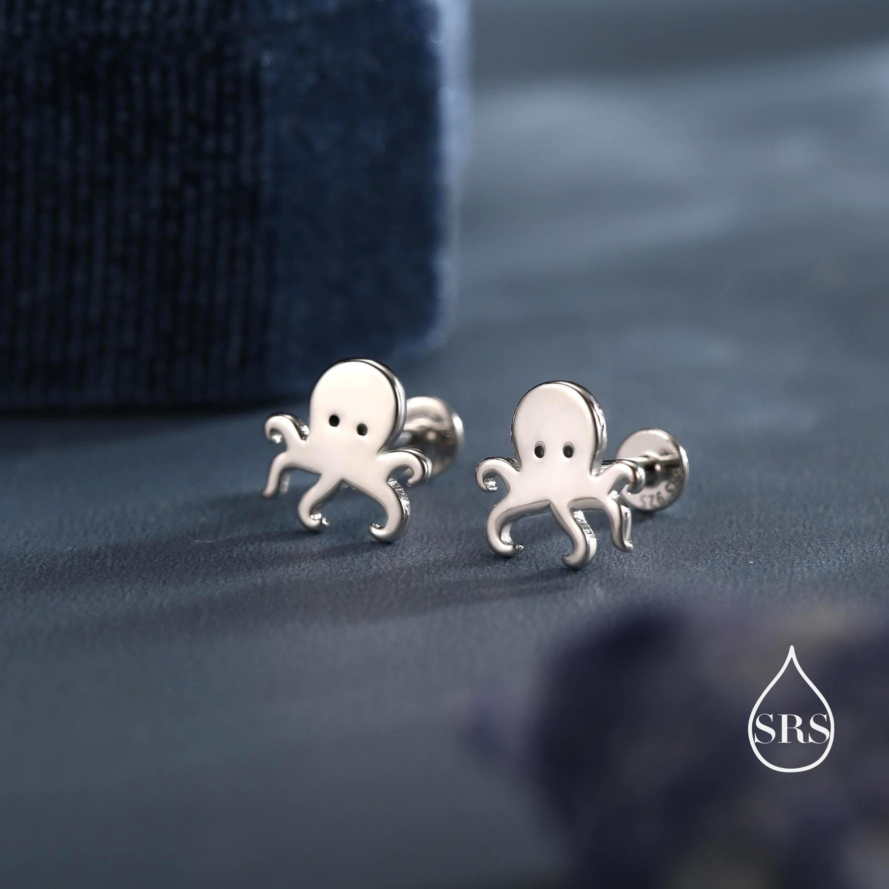 Tiny Octopus 16G Internally Threaded Flat Back Earrings in Sterling Silver, Animal Earrings