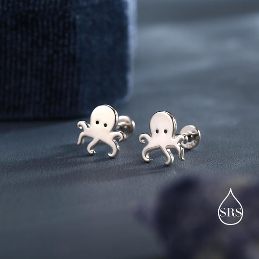 Octopus Internally Threaded Flat Back / Stud Earrings Earrings in Sterling Silver, Silver, Gold or Rose Gold, Animal Fish Earrings