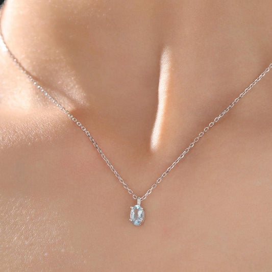 Very Tiny Genuine Swiss Blue Topaz Crystal Oval Pendant Necklace in Sterling Silver, 4x6mm Tiny Oval Blue Topaz Necklace, March Birthstone