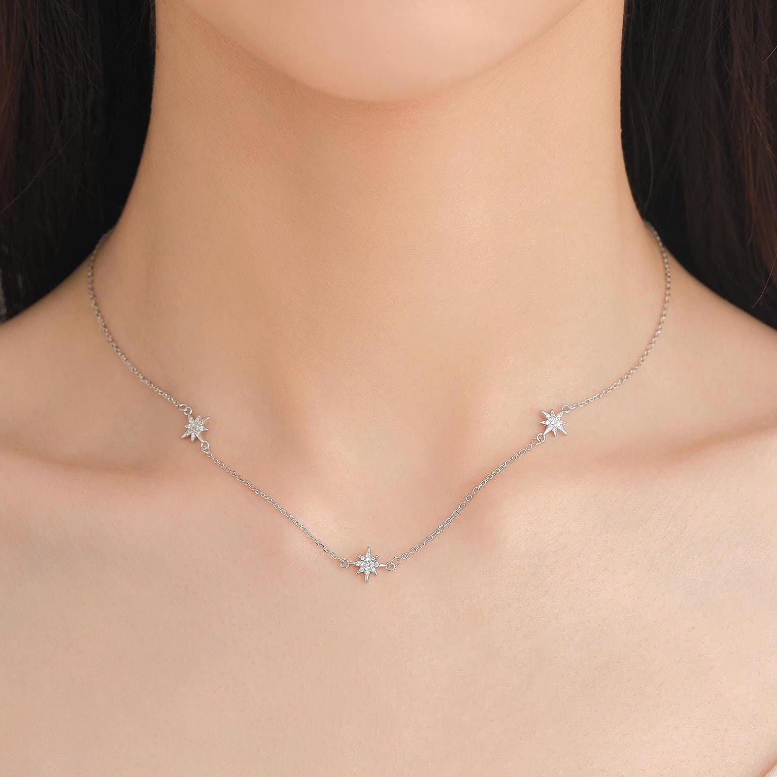 Starburst CZ Necklace in Sterling Silver, Silver or Gold or Rose Gold, Three Star Necklace, North Star Necklace, Sunburst Necklace, Star