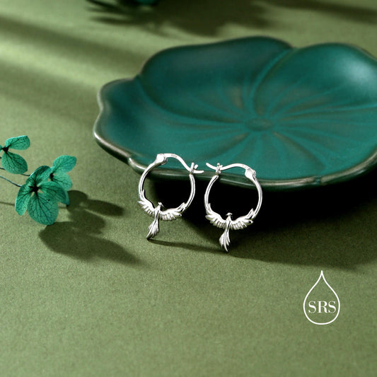 Sterling Silver Phoenix Hoops, Silver, Gold or Rose Gold, Phoenix Earrings, Phoenix Bird Earrings, Phoenix Hoop Earrings, Lever Hoops