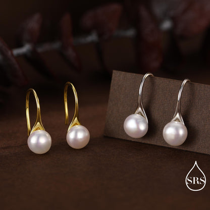 Genuine Freshwater Pearl Hook Earrings in Sterling Silver, Natural Freshwater Pearls, Silver or Gold, Ivory Pearl