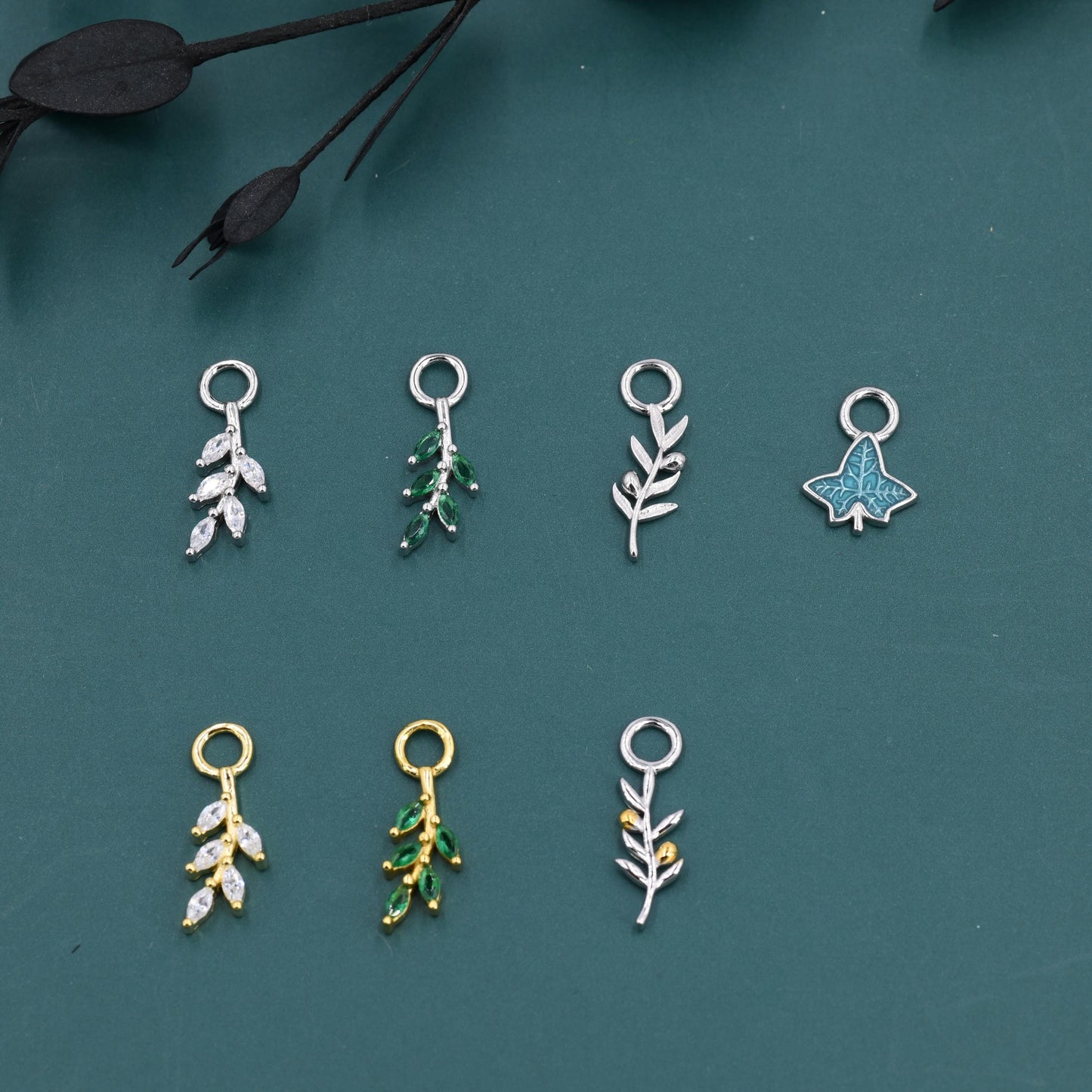 CZ and Enamel Leaf Charms for Huggie Hoops in Sterling Silver, Nature-Inspired Botanical Charms for Hoops Earrings, Leaf Hoop Charms