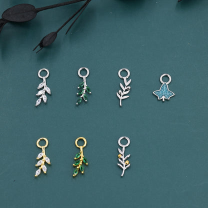 CZ and Enamel Leaf Charms for Huggie Hoops in Sterling Silver, Nature-Inspired Botanical Charms for Hoops Earrings, Leaf Hoop Charms