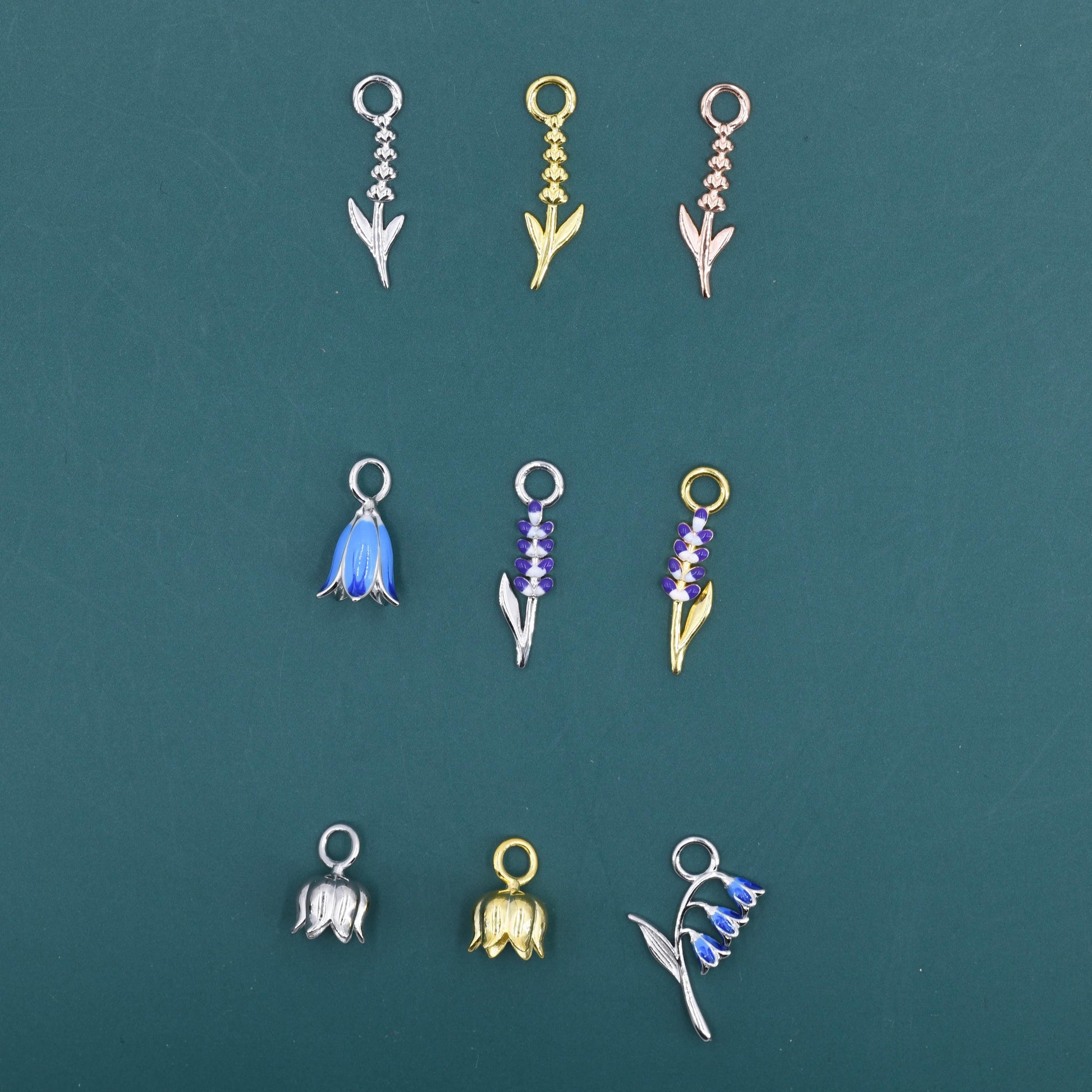 Sterling Silver Enamel Flower Charms for Hoop Earrings, Lavender, Bluebell and Lily of the Valley Charms for Huggie Hoops