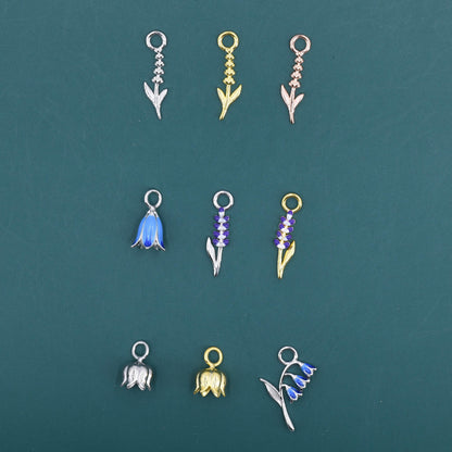 Sterling Silver Enamel Flower Charms for Hoop Earrings, Lavender, Bluebell and Lily of the Valley Charms for Huggie Hoops