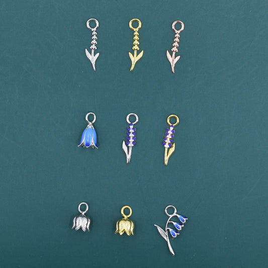 Sterling Silver Enamel Flower Charms for Hoop Earrings, Lavender, Bluebell and Lily of the Valley Charms for Huggie Hoops