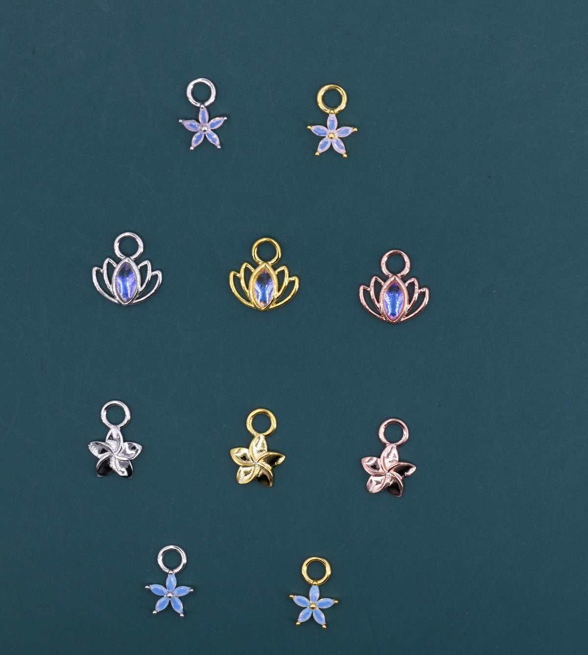 CZ Flower and Lab Moonstone Flower Charms for Huggie Hoops in Sterling Silver, Nature-Inspired Botanical Charms for Hoops Earrings
