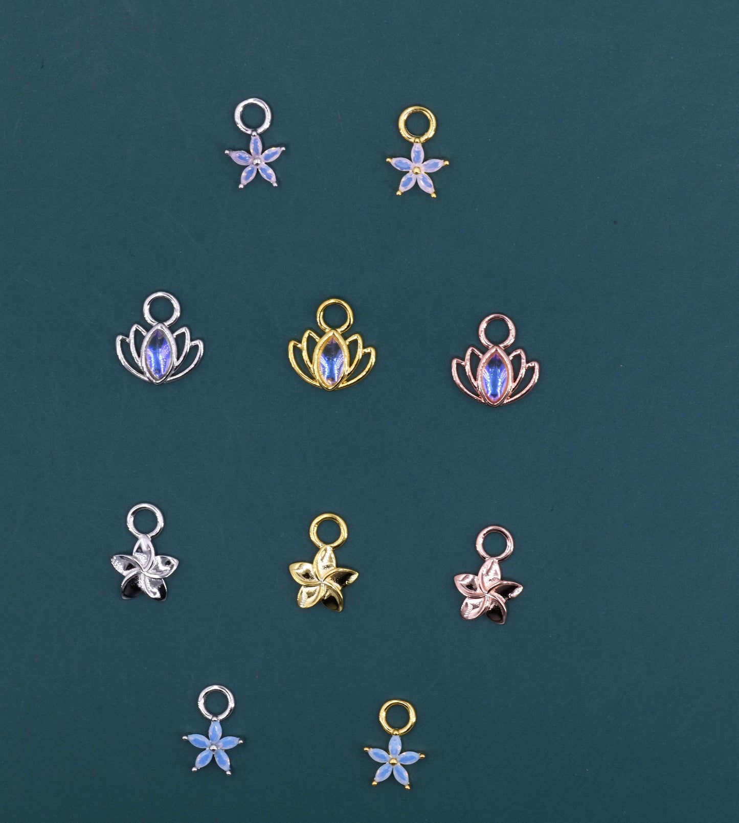 CZ Flower and Lab Moonstone Flower Charms for Huggie Hoops in Sterling Silver, Nature-Inspired Botanical Charms for Hoops Earrings