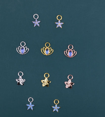 CZ Flower and Lab Moonstone Flower Charms for Huggie Hoops in Sterling Silver, Nature-Inspired Botanical Charms for Hoops Earrings