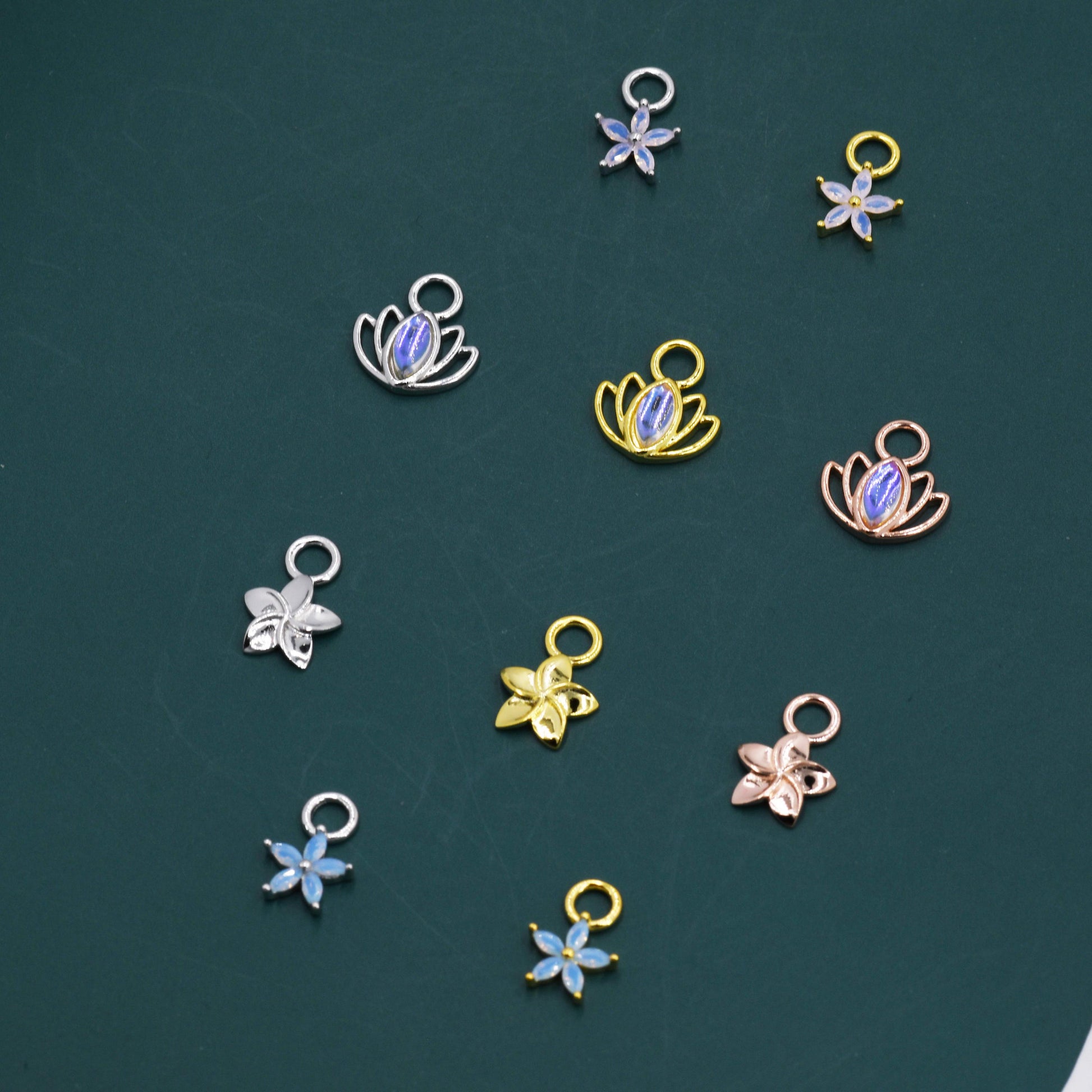 CZ Flower and Lab Moonstone Flower Charms for Huggie Hoops in Sterling Silver, Nature-Inspired Botanical Charms for Hoops Earrings