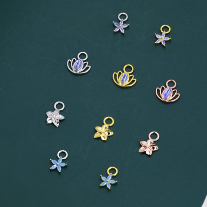 CZ Flower and Lab Moonstone Flower Charms for Huggie Hoops in Sterling Silver, Nature-Inspired Botanical Charms for Hoops Earrings