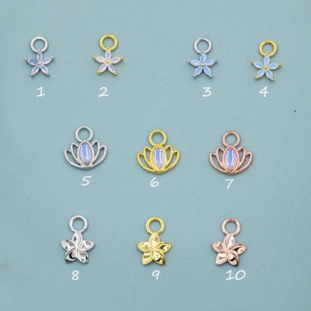 CZ Flower and Lab Moonstone Flower Charms for Huggie Hoops in Sterling Silver, Nature-Inspired Botanical Charms for Hoops Earrings