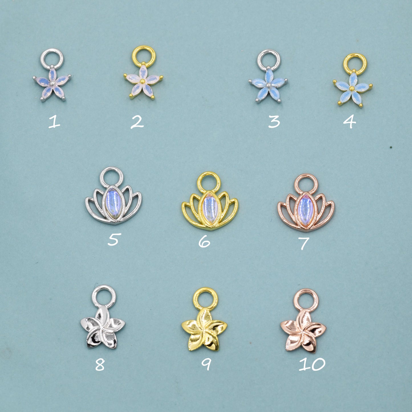 CZ Flower and Lab Moonstone Flower Charms for Huggie Hoops in Sterling Silver, Nature-Inspired Botanical Charms for Hoops Earrings