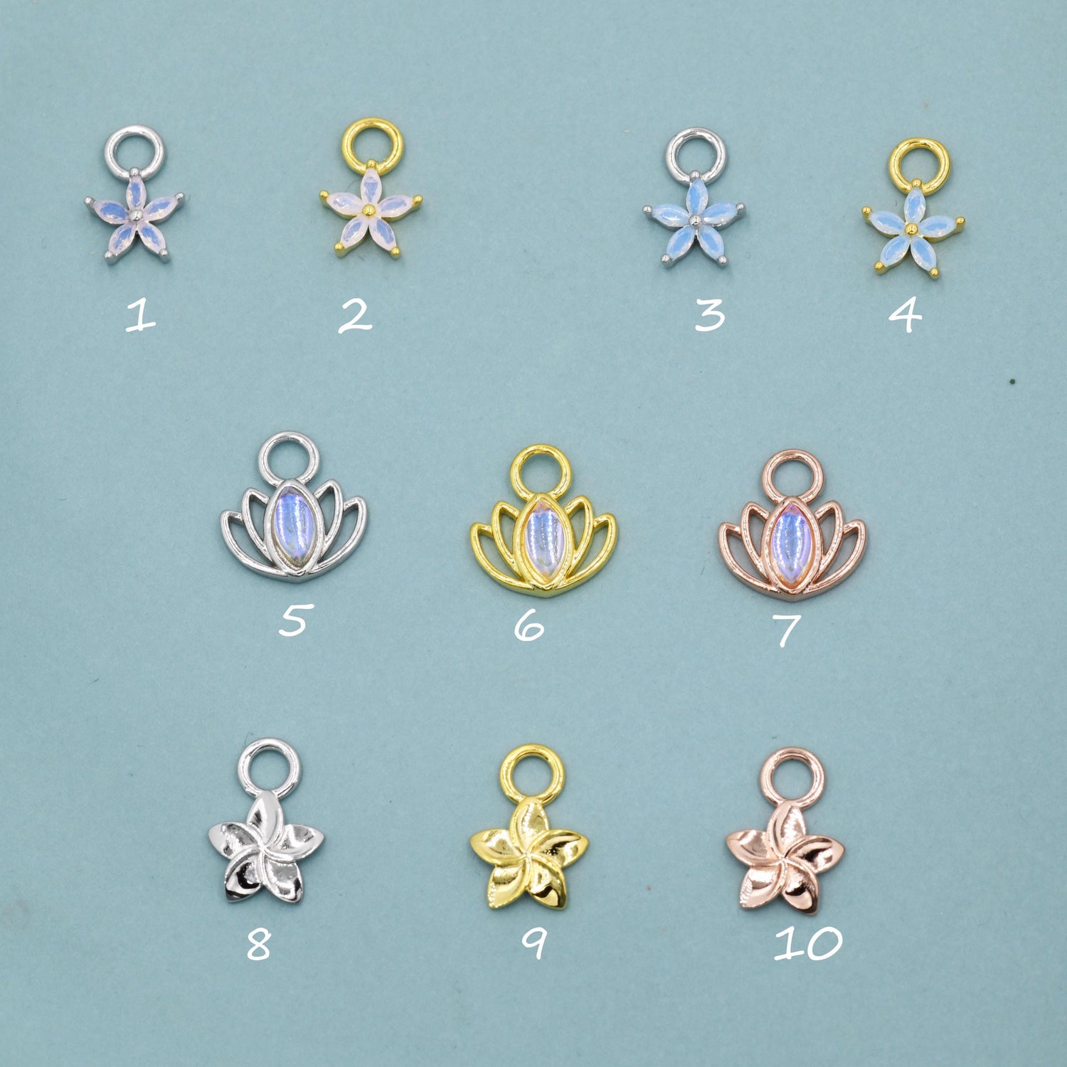 CZ Flower and Lab Moonstone Flower Charms for Huggie Hoops in Sterling Silver, Nature-Inspired Botanical Charms for Hoops Earrings