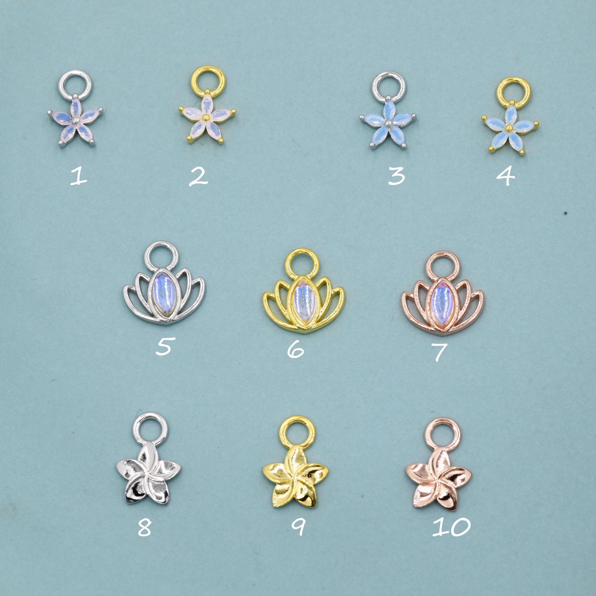 CZ Flower and Lab Moonstone Flower Charms for Huggie Hoops in Sterling Silver, Nature-Inspired Botanical Charms for Hoops Earrings