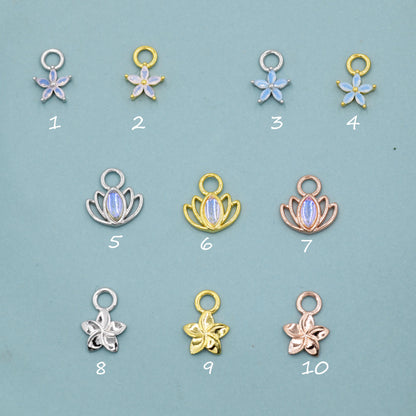 CZ Flower and Lab Moonstone Flower Charms for Huggie Hoops in Sterling Silver, Nature-Inspired Botanical Charms for Hoops Earrings