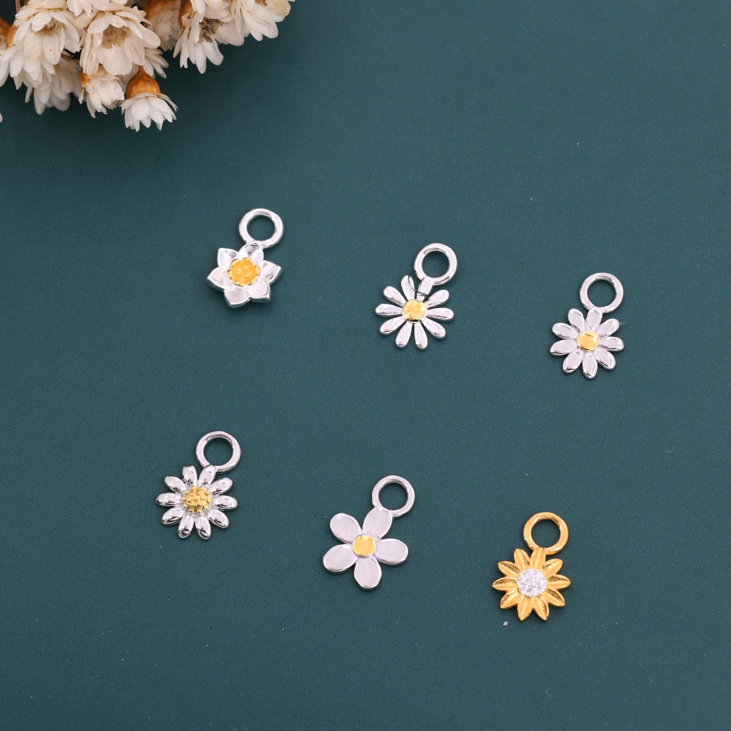 Sterling Silver Variety Flower Charms for Hoop Earrings, Daffodil Charms, Aster Charms, Daisy Charms, Sunflower Charms for Huggie Hoops