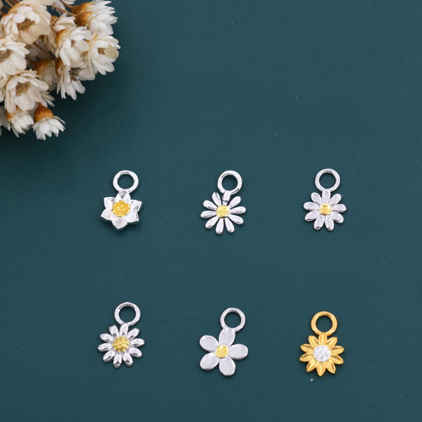 Sterling Silver Variety Flower Charms for Hoop Earrings, Daffodil Charms, Aster Charms, Daisy Charms, Sunflower Charms for Huggie Hoops