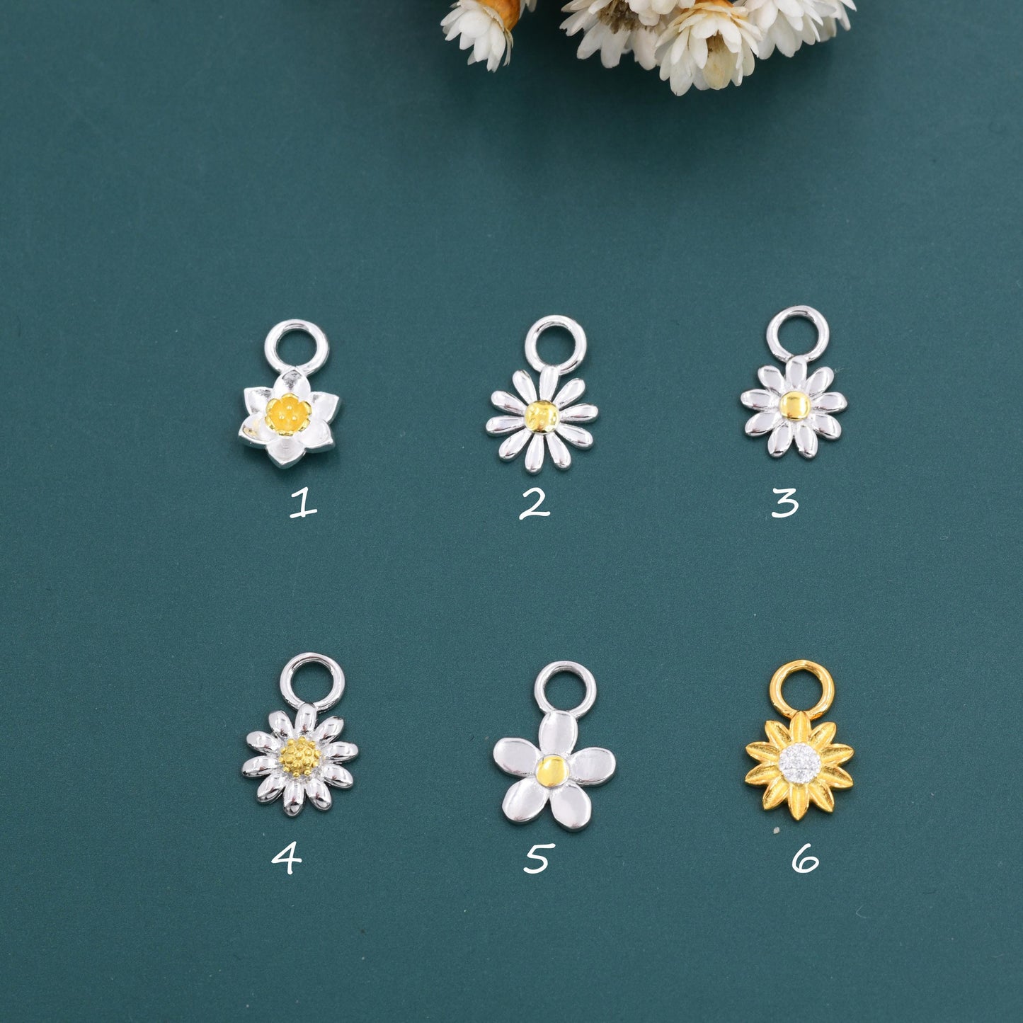 Sterling Silver Variety Flower Charms for Hoop Earrings, Daffodil Charms, Aster Charms, Daisy Charms, Sunflower Charms for Huggie Hoops