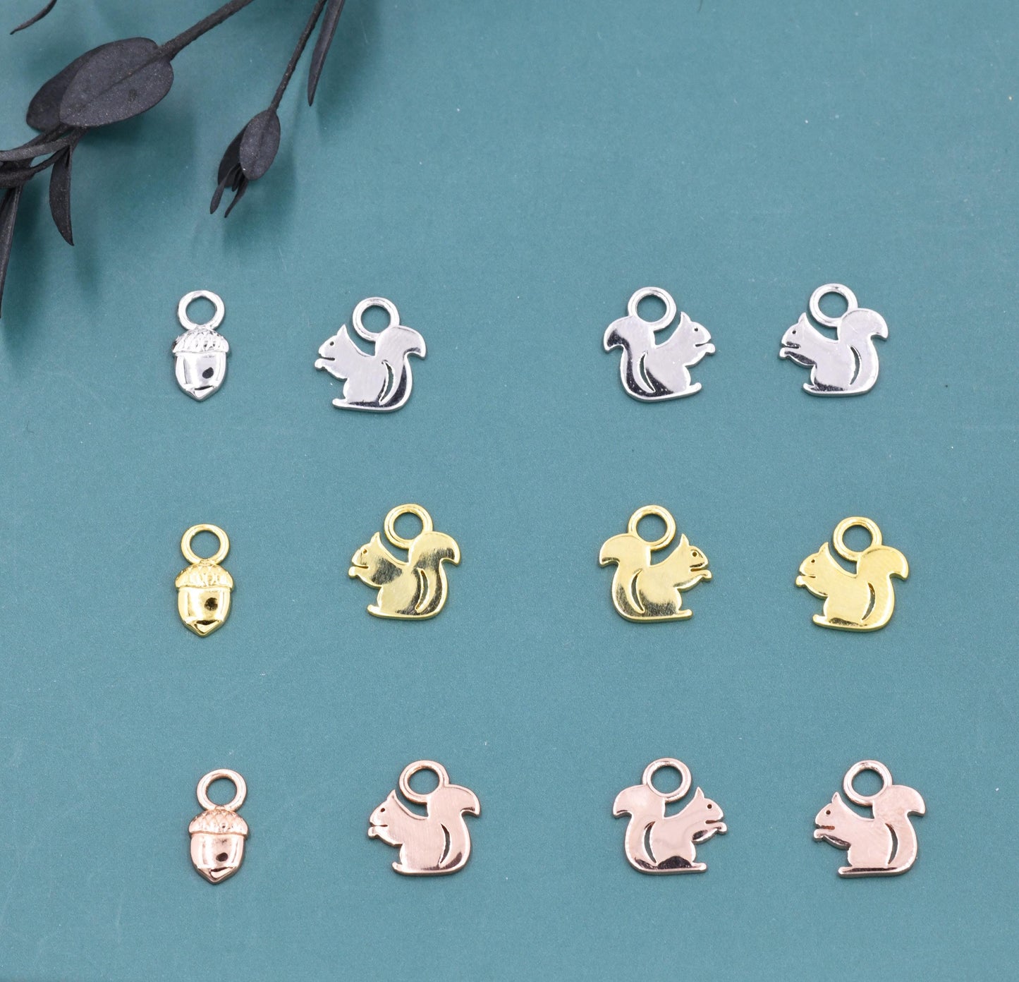 Squirrel and Acorn Nut Charms for Huggie Hoops in Sterling Silver, Nature-Inspired Botanical Charms for Hoops Earrings, Woodland Hoop Charms