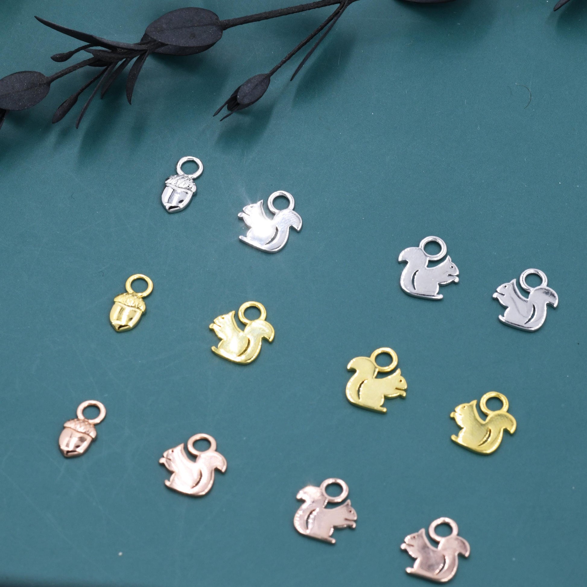 Squirrel and Acorn Nut Charms for Huggie Hoops in Sterling Silver, Nature-Inspired Botanical Charms for Hoops Earrings, Woodland Hoop Charms