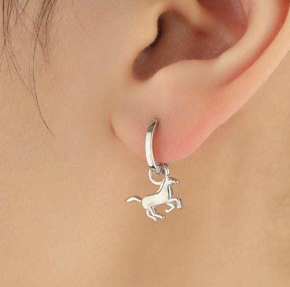 Horse and Horse Shoe Charms for Huggie Hoops in Sterling Silver, Sold as a Pair, Animal Charms for Hoops, Silver or Gold or Rose Gold