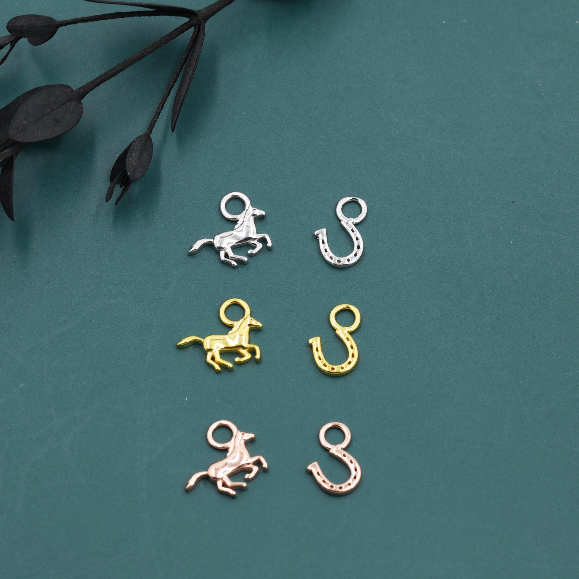 Mismatched Horse and Horse Shoe Charms for Huggie Hoops in Sterling Silver, Sold as a Asymmetric Pair, Silver or Gold or Rose Gold