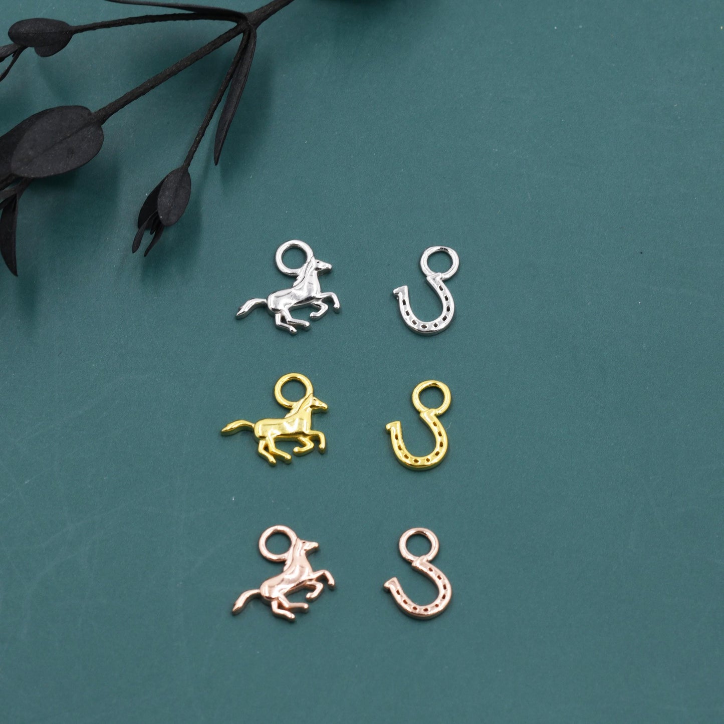 Horse and Horse Shoe Charms for Huggie Hoops in Sterling Silver, Sold as a Pair, Animal Charms for Hoops, Silver or Gold or Rose Gold