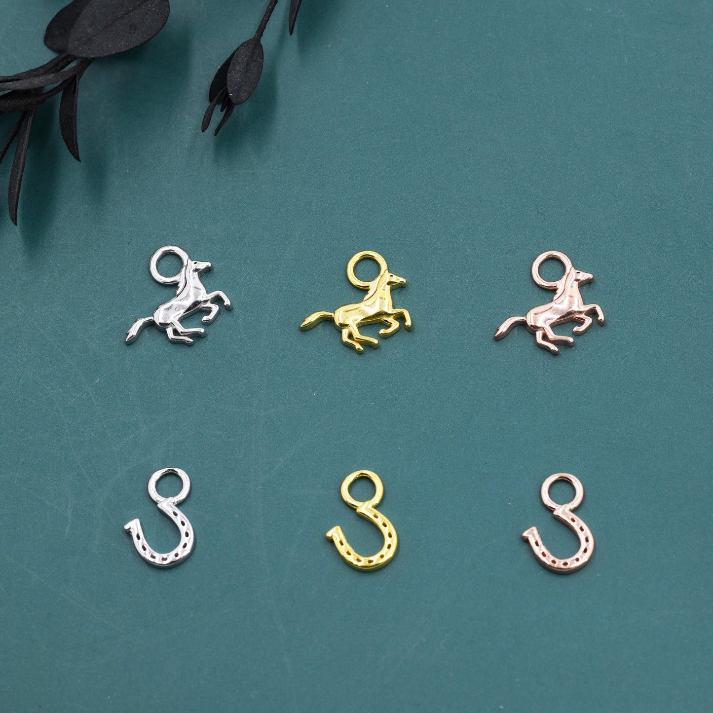 Horse and Horse Shoe Charms for Huggie Hoops in Sterling Silver, Sold as a Pair, Animal Charms for Hoops, Silver or Gold or Rose Gold