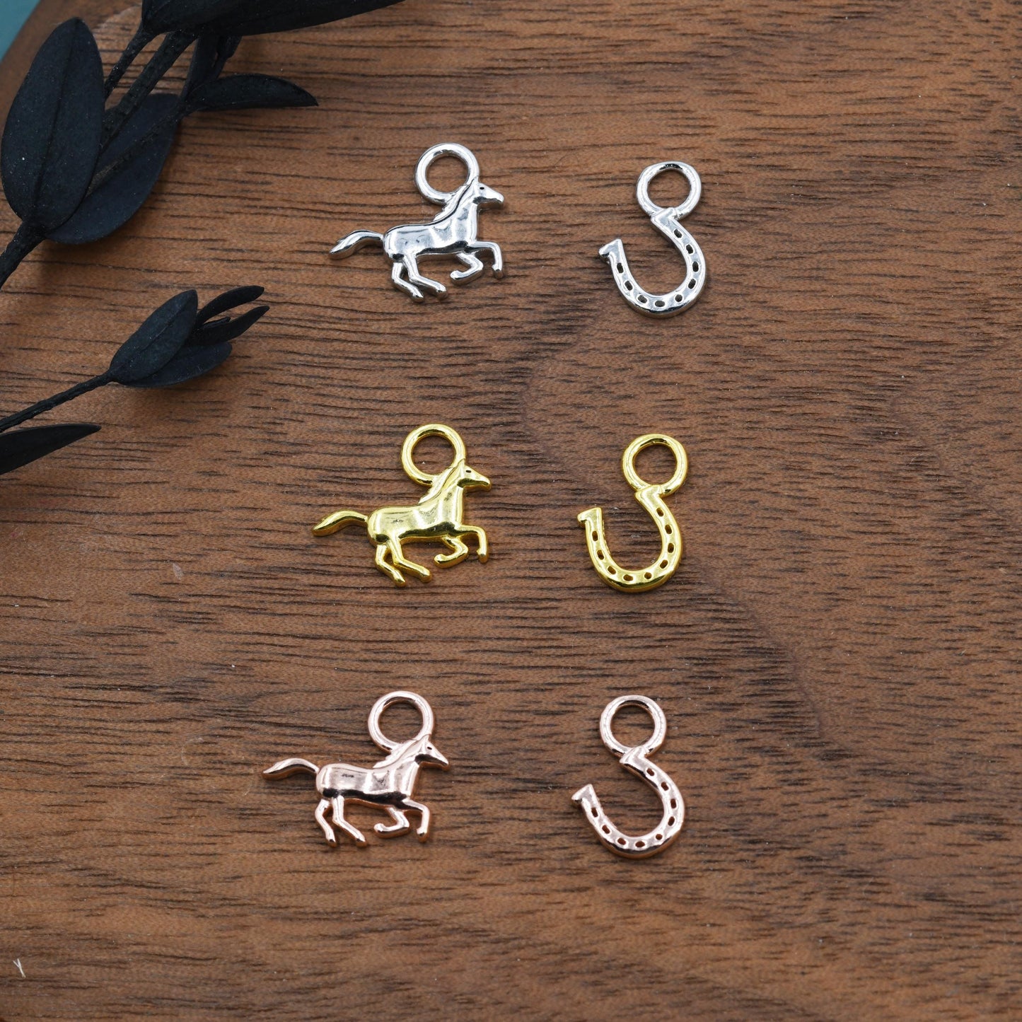 Mismatched Horse and Horse Shoe Charms for Huggie Hoops in Sterling Silver, Sold as a Asymmetric Pair, Silver or Gold or Rose Gold