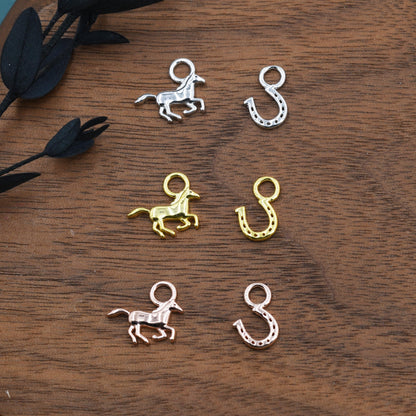 Mismatched Horse and Horse Shoe Charms for Huggie Hoops in Sterling Silver, Sold as a Asymmetric Pair, Silver or Gold or Rose Gold