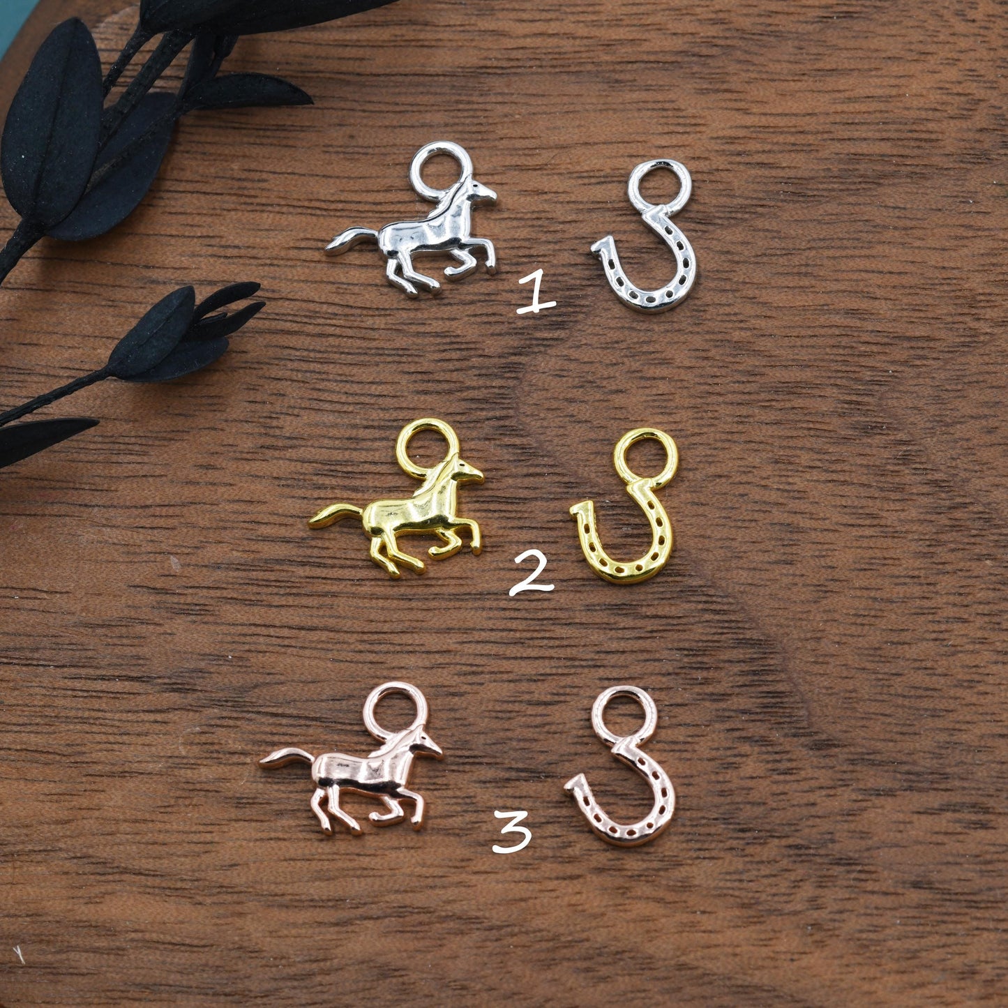 Mismatched Horse and Horse Shoe Charms for Huggie Hoops in Sterling Silver, Sold as a Asymmetric Pair, Silver or Gold or Rose Gold