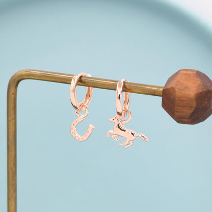 Mismatched Horse and Horseshoe Huggie Hoops in Sterling Silver, Silver or Gold or Rose Gold, Detachable Horse and Horse Shoe Hoop Earrings