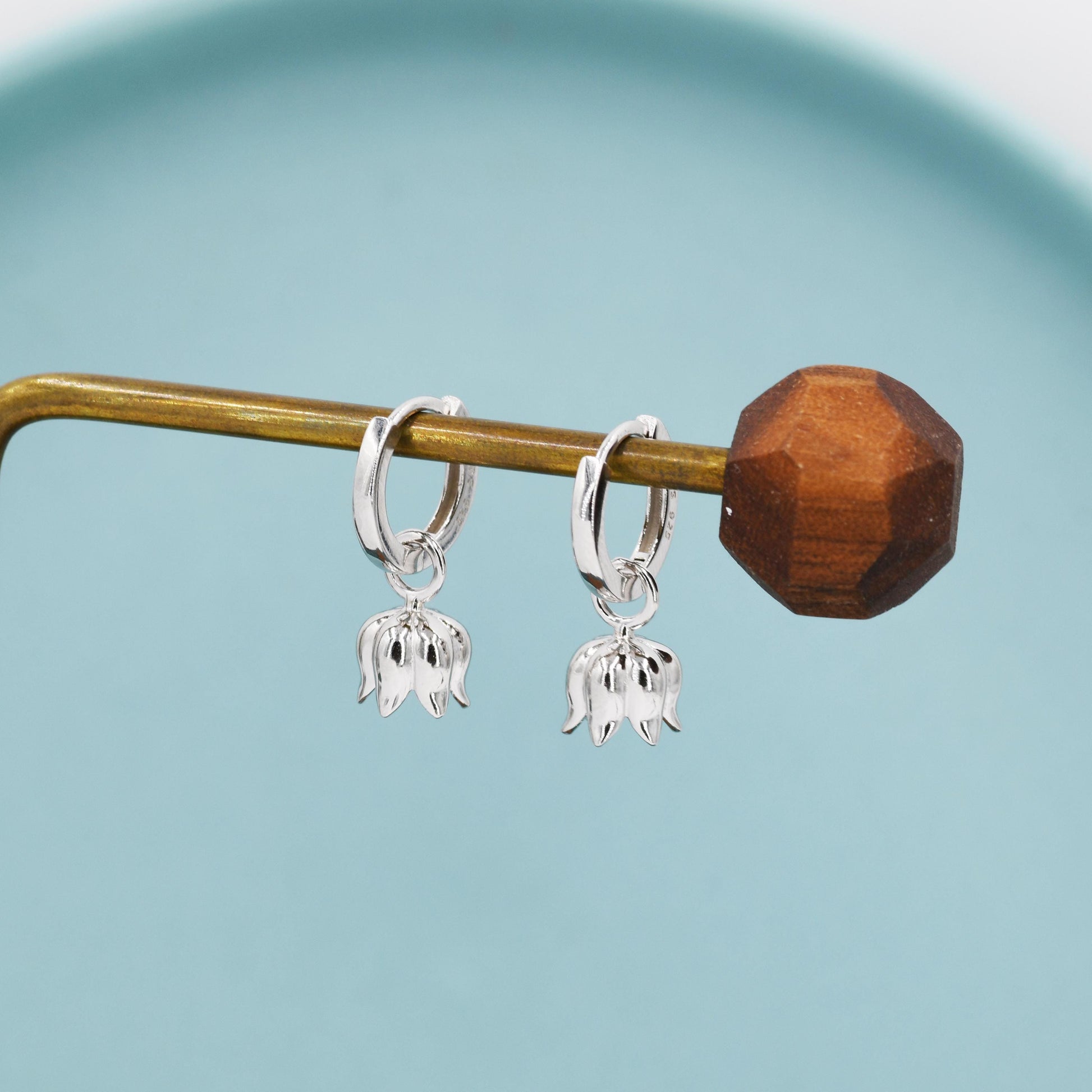 Lily of the Valley Flower Charm Huggie Hoop Earrings in Sterling Silver, Lily of the Valley Flower Dangle Earrings, Detachable Charms